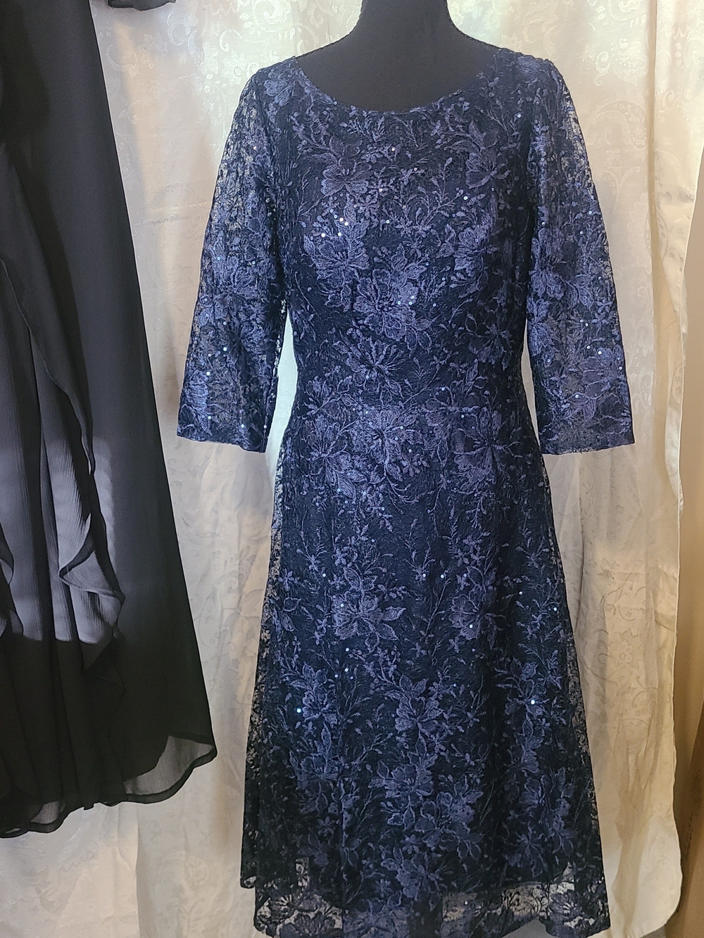 Navy Lace A-Line Dress with Three-Quarter Sleeves